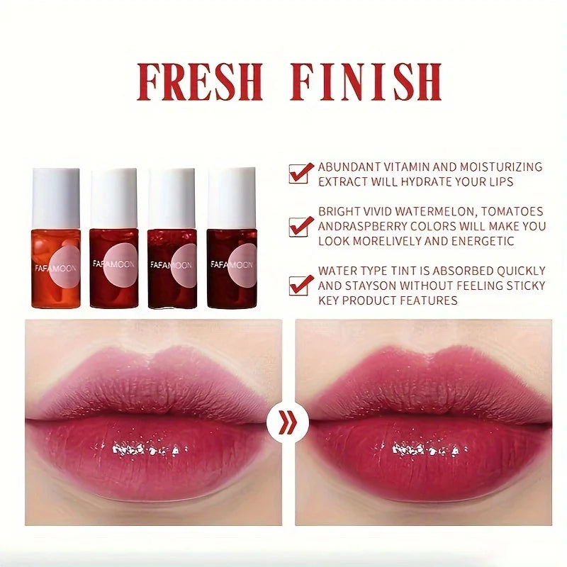 4 color Fruity Lip Tint Water Gloss Tint,Moisturizing Waterproof Liquid Lipstick, Non-Stick,High Pigment,Long-Lasting Colors.