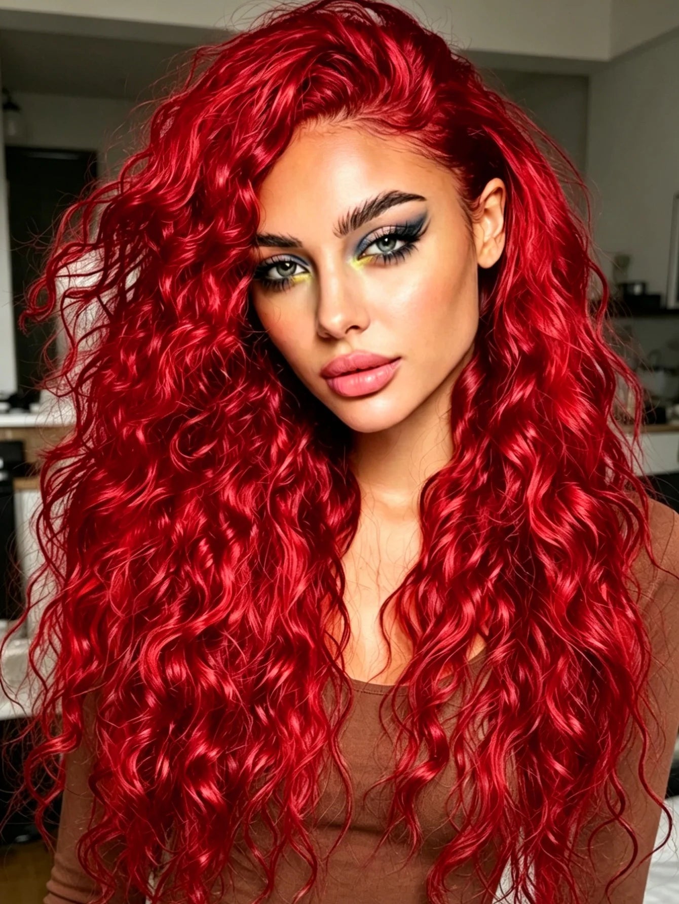 Red Deep Wave Lace Front Wigs Human Hair 13x4 HD Full Lace Frontal Wigs Pre Plucked Bleached Knots 200% Density Deep Curly Human Hair Wig For Daily Holiday Travel Wear Beginner Friendly Soft and Health For Cosplay Party Gifts