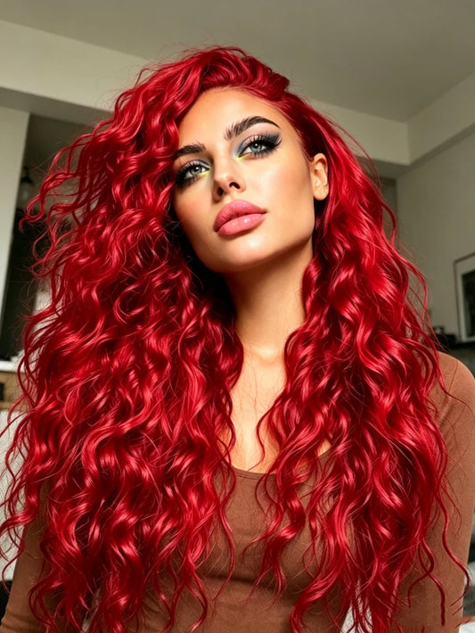 Red Deep Wave Lace Front Wigs Human Hair 13x4 HD Full Lace Frontal Wigs Pre Plucked Bleached Knots 200% Density Deep Curly Human Hair Wig For Daily Holiday Travel Wear Beginner Friendly Soft and Health For Cosplay Party Gifts