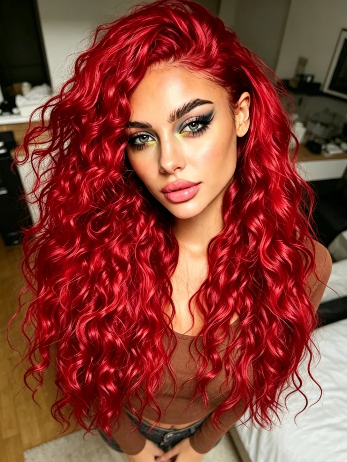 Red Deep Wave Lace Front Wigs Human Hair 13x4 HD Full Lace Frontal Wigs Pre Plucked Bleached Knots 200% Density Deep Curly Human Hair Wig For Daily Holiday Travel Wear Beginner Friendly Soft and Health For Cosplay Party Gifts